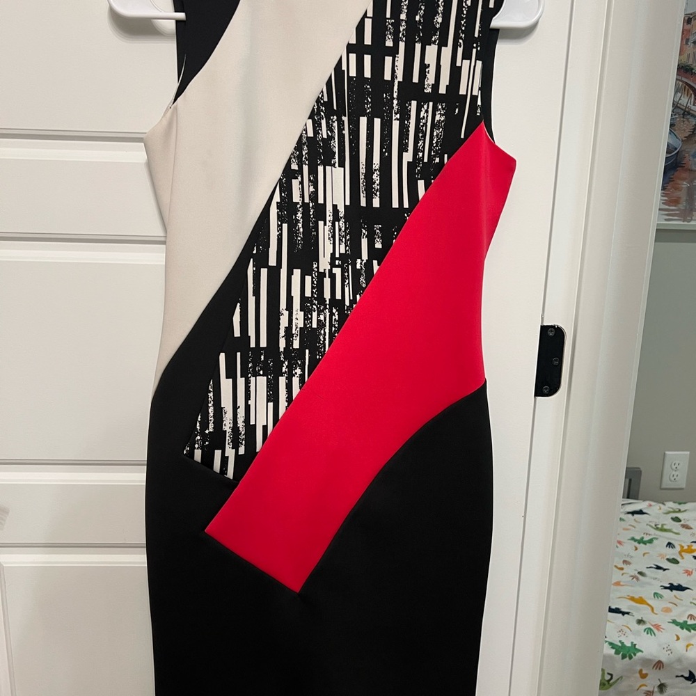 Calvin Klein Red and Black Asymmetrical Sheath Dress